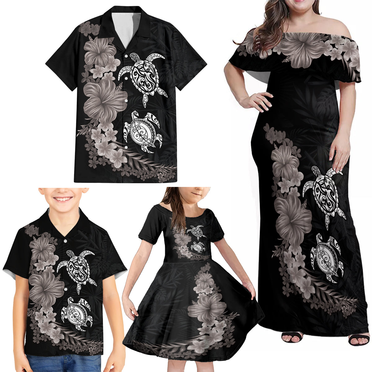 Hawaiian Flower and Tribal Turtle Family Matching Off Shoulder Maxi Dress and Hawaiian Shirt Grayscale Mode