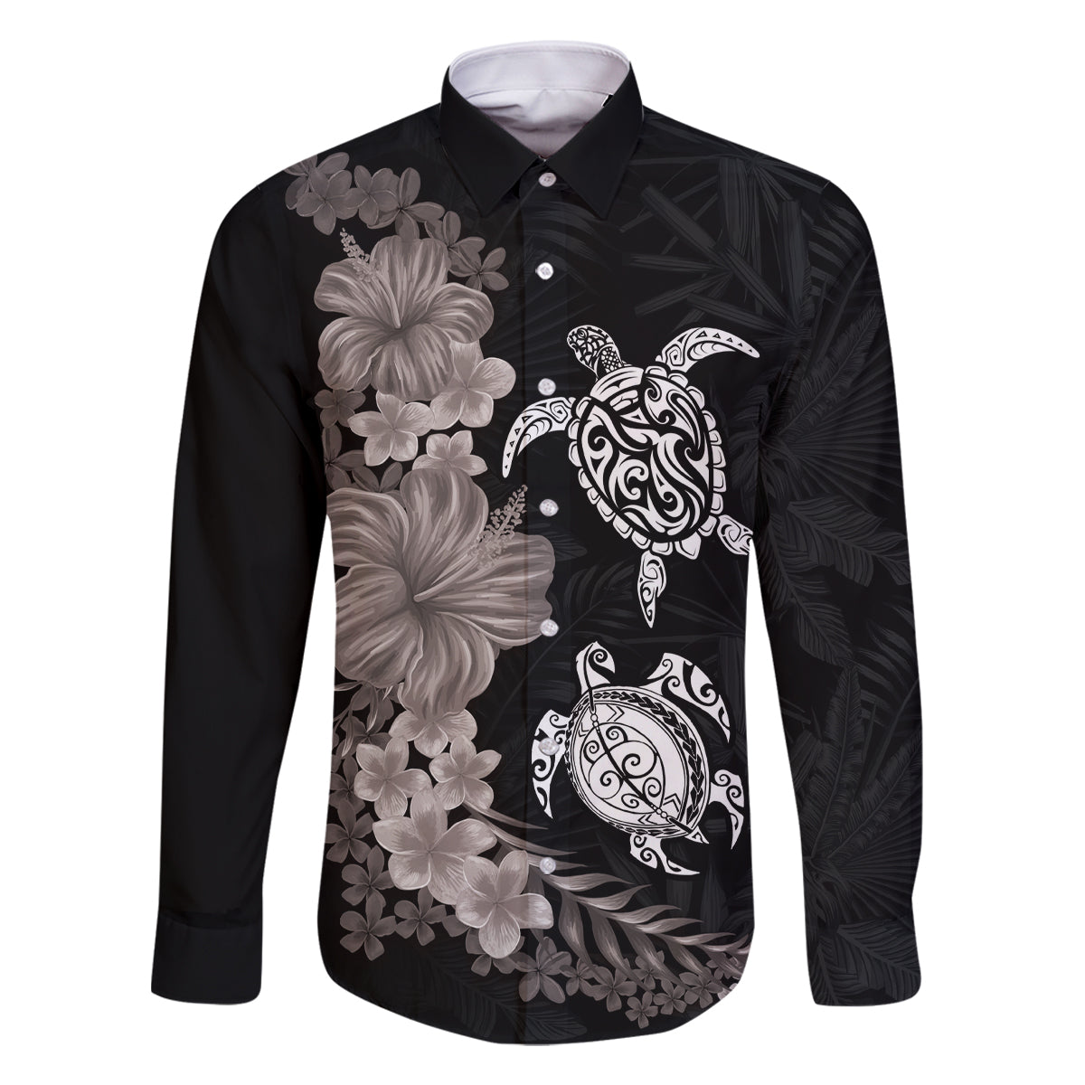Hawaiian Flower and Tribal Turtle Family Matching Off Shoulder Maxi Dress and Hawaiian Shirt Grayscale Mode LT03 Dad's Shirt - Long Sleeve Black - Polynesian Pride