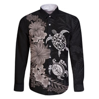 Hawaiian Flower and Tribal Turtle Family Matching Off Shoulder Maxi Dress and Hawaiian Shirt Grayscale Mode LT03 Dad's Shirt - Long Sleeve Black - Polynesian Pride