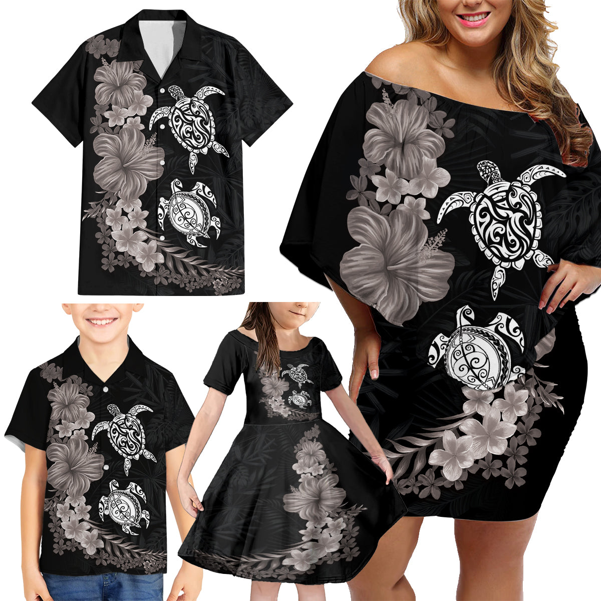 Hawaiian Flower and Tribal Turtle Family Matching Off Shoulder Short Dress and Hawaiian Shirt Grayscale Mode LT03 - Polynesian Pride