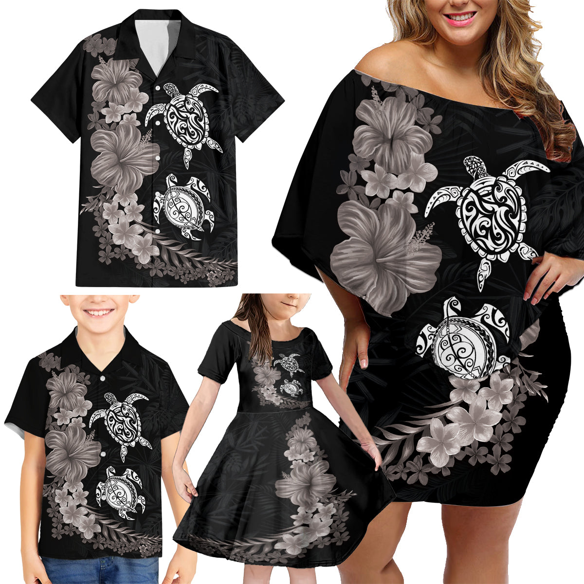 Hawaiian Flower and Tribal Turtle Family Matching Off Shoulder Short Dress and Hawaiian Shirt Grayscale Mode