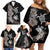 Hawaiian Flower and Tribal Turtle Family Matching Off Shoulder Short Dress and Hawaiian Shirt Grayscale Mode