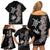 Hawaiian Flower and Tribal Turtle Family Matching Off Shoulder Short Dress and Hawaiian Shirt Grayscale Mode