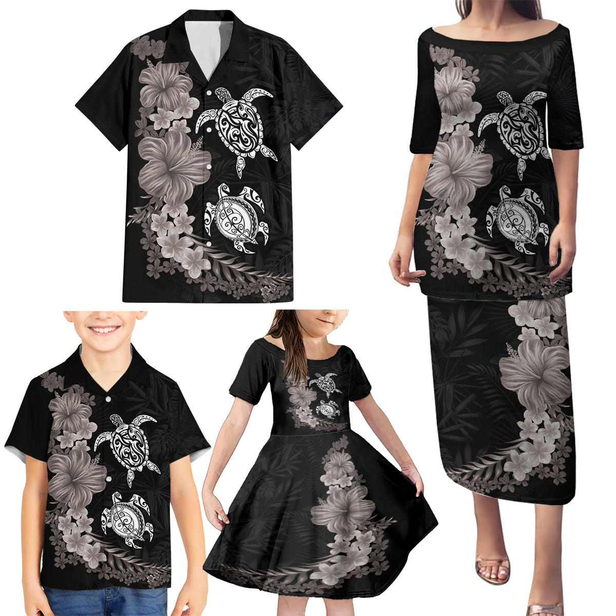 Hawaiian Flower and Tribal Turtle Family Matching Puletasi and Hawaiian Shirt Grayscale Mode