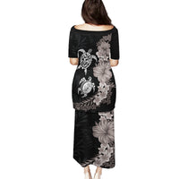 Hawaiian Flower and Tribal Turtle Family Matching Puletasi and Hawaiian Shirt Grayscale Mode