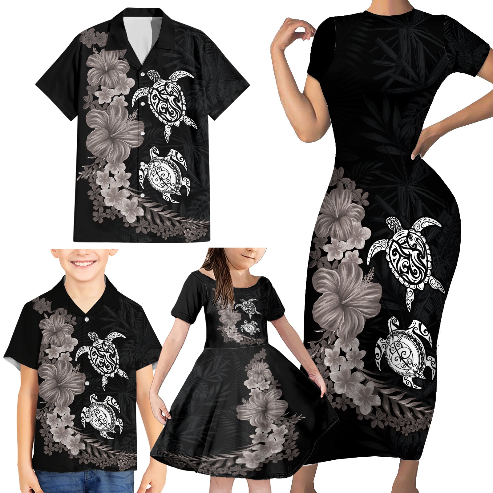 Hawaiian Flower and Tribal Turtle Family Matching Short Sleeve Bodycon Dress and Hawaiian Shirt Grayscale Mode