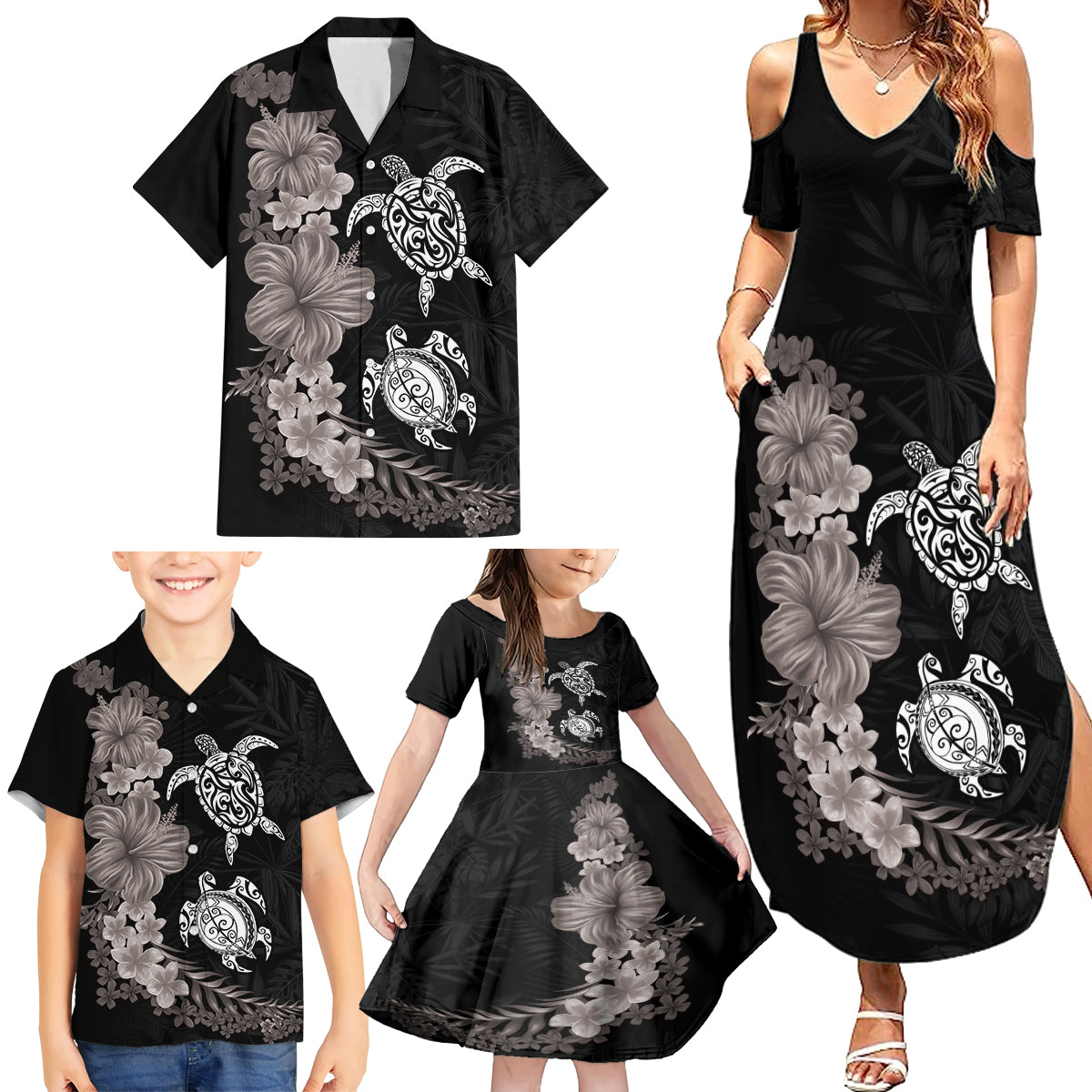 Hawaiian Flower and Tribal Turtle Family Matching Summer Maxi Dress and Hawaiian Shirt Grayscale Mode