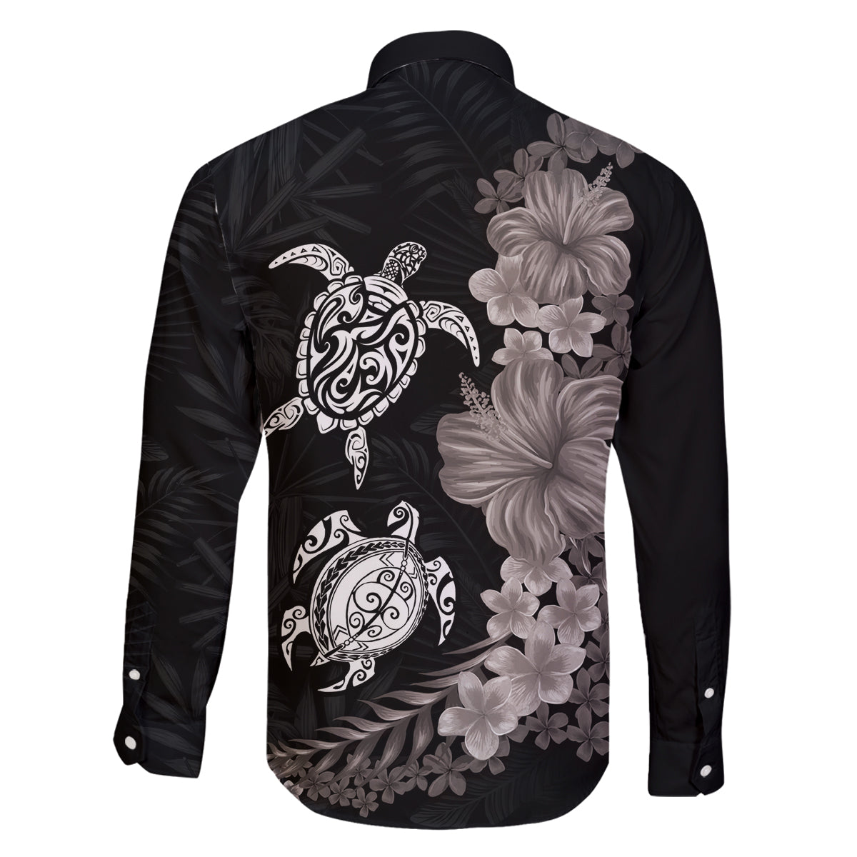 Hawaiian Flower and Tribal Turtle Family Matching Summer Maxi Dress and Hawaiian Shirt Grayscale Mode