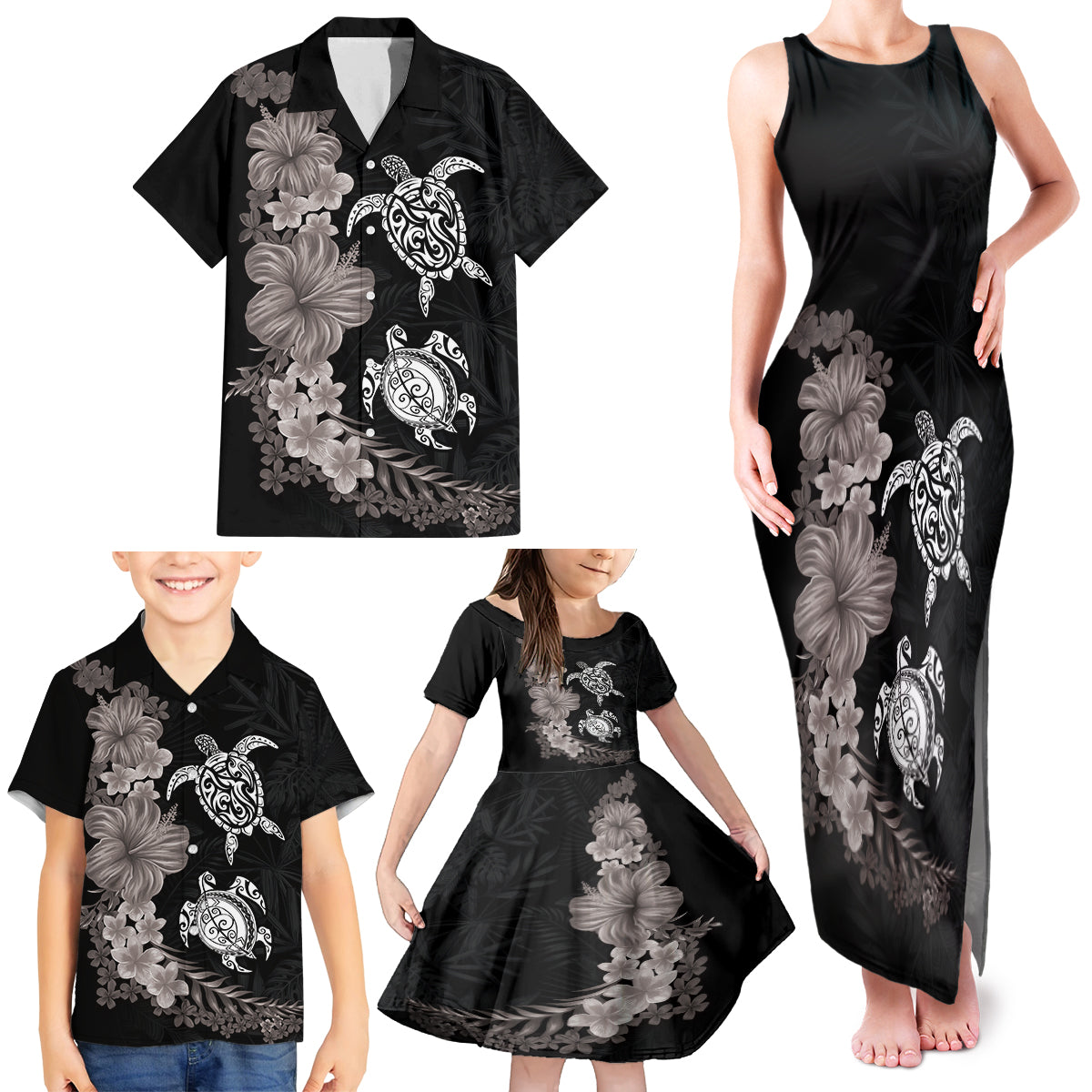 Hawaiian Flower and Tribal Turtle Family Matching Tank Maxi Dress and Hawaiian Shirt Grayscale Mode LT03 - Polynesian Pride
