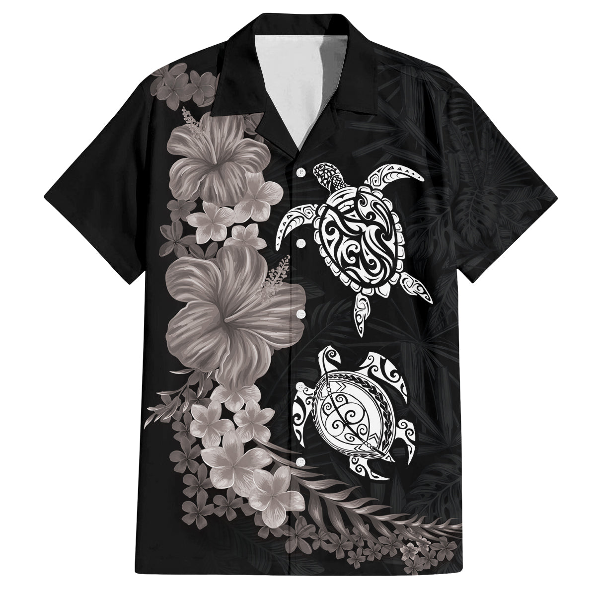 Hawaiian Flower and Tribal Turtle Family Matching Tank Maxi Dress and Hawaiian Shirt Grayscale Mode