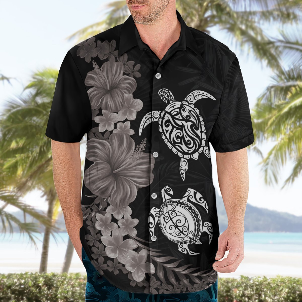 Hawaiian Flower and Tribal Turtle Hawaiian Shirt Grayscale Mode LT03 - Polynesian Pride