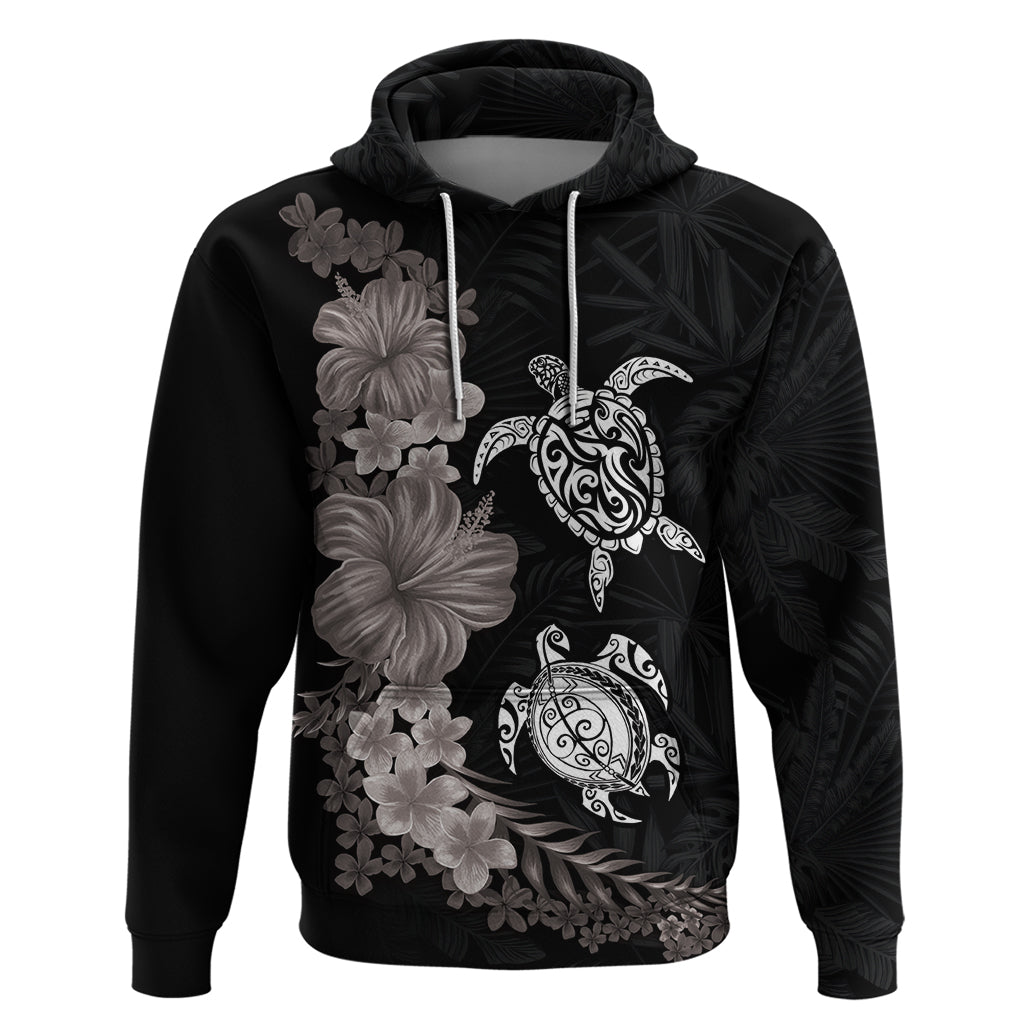 Hawaiian Flower and Tribal Turtle Hoodie Grayscale Mode