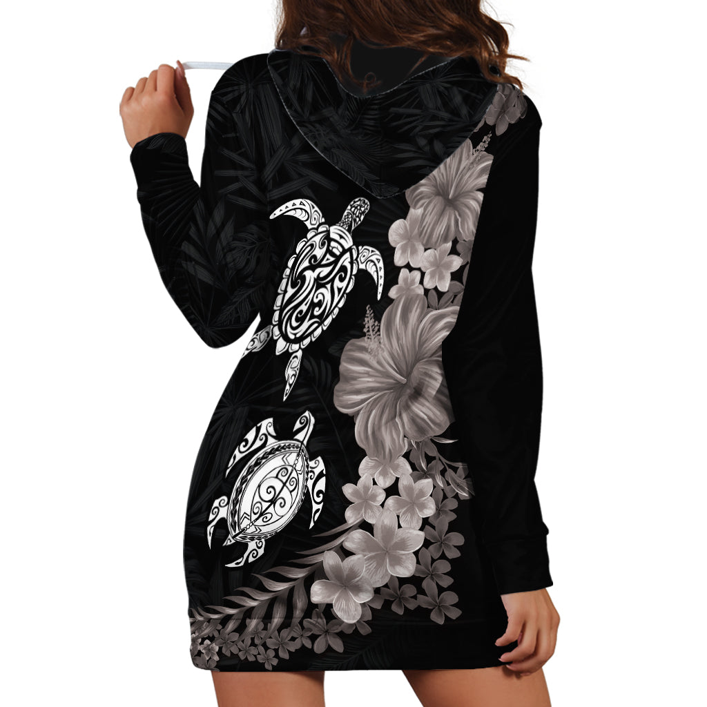 Hawaiian Flower and Tribal Turtle Hoodie Dress Grayscale Mode LT03 - Polynesian Pride