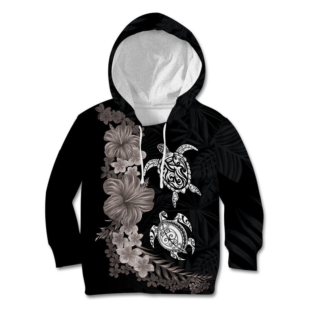 Hawaiian Flower and Tribal Turtle Kid Hoodie Grayscale Mode