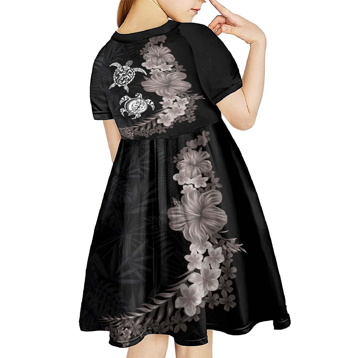 Hawaiian Flower and Tribal Turtle Kid Short Sleeve Dress Grayscale Mode LT03 - Polynesian Pride