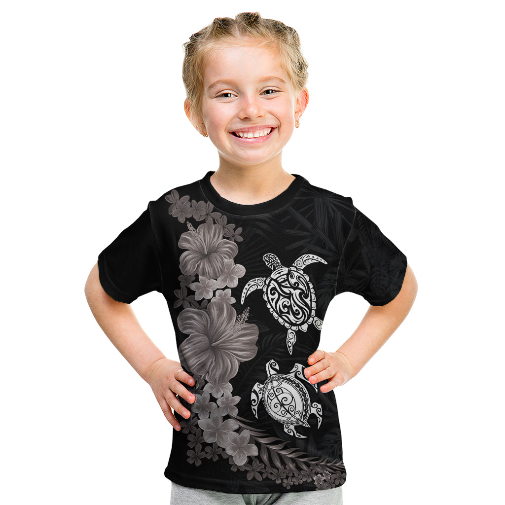 Hawaiian Flower and Tribal Turtle Kid T Shirt Grayscale Mode
