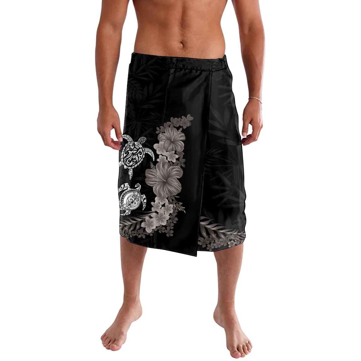 Hawaiian Flower and Tribal Turtle Lavalava Grayscale Mode LT03 Black - Polynesian Pride