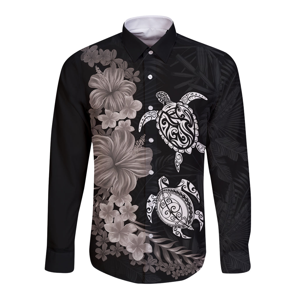 Hawaiian Flower and Tribal Turtle Long Sleeve Button Shirt Grayscale Mode