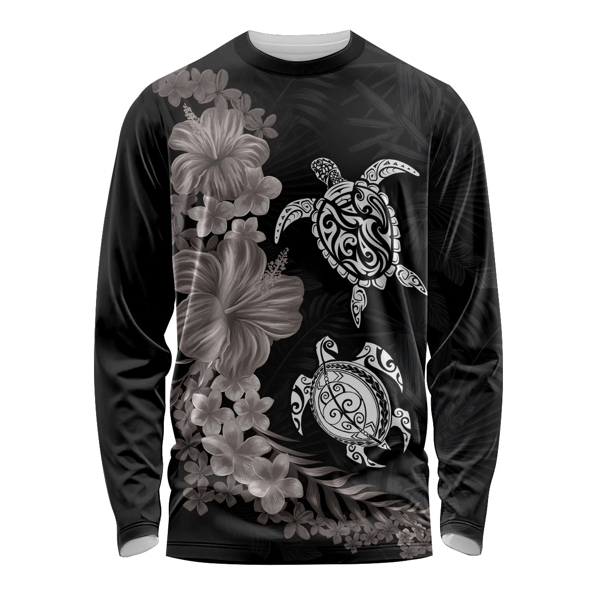 Hawaiian Flower and Tribal Turtle Long Sleeve Shirt Grayscale Mode