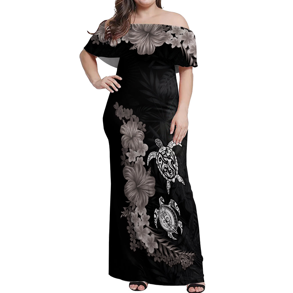 Hawaiian Flower and Tribal Turtle Off Shoulder Maxi Dress Grayscale Mode LT03 Women Black - Polynesian Pride