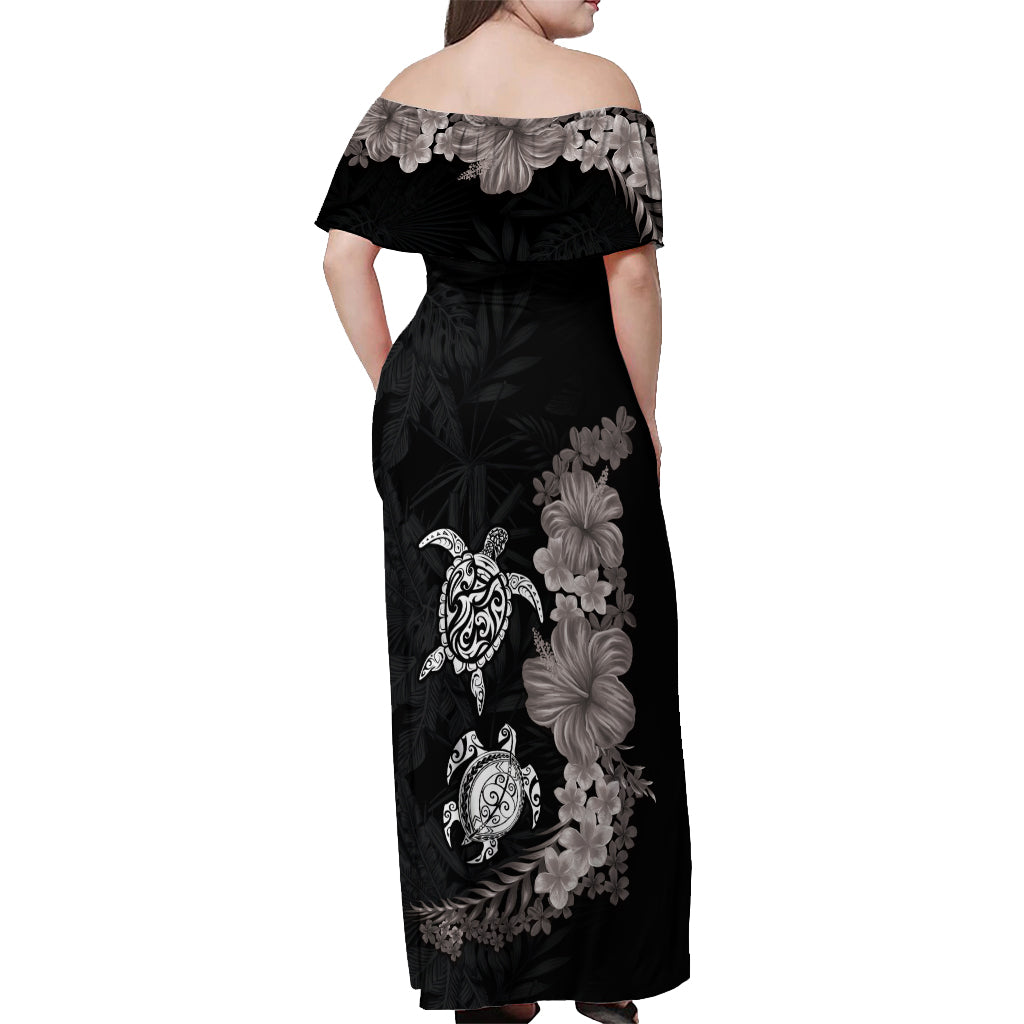 Hawaiian Flower and Tribal Turtle Off Shoulder Maxi Dress Grayscale Mode LT03 - Polynesian Pride