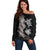 Hawaiian Flower and Tribal Turtle Off Shoulder Sweater Grayscale Mode