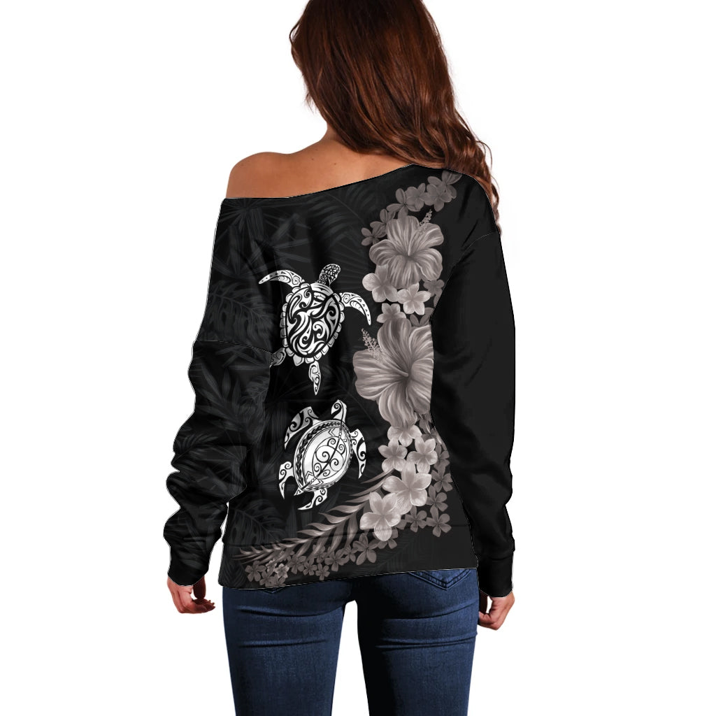 Hawaiian Flower and Tribal Turtle Off Shoulder Sweater Grayscale Mode