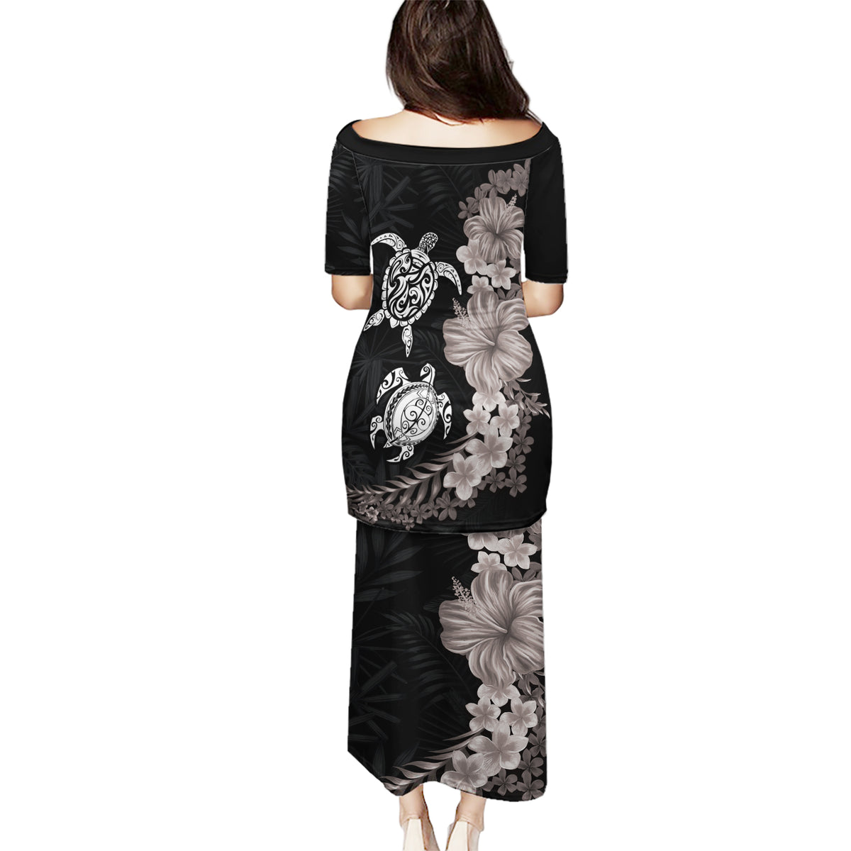 Hawaiian Flower and Tribal Turtle Puletasi Grayscale Mode LT03 - Polynesian Pride