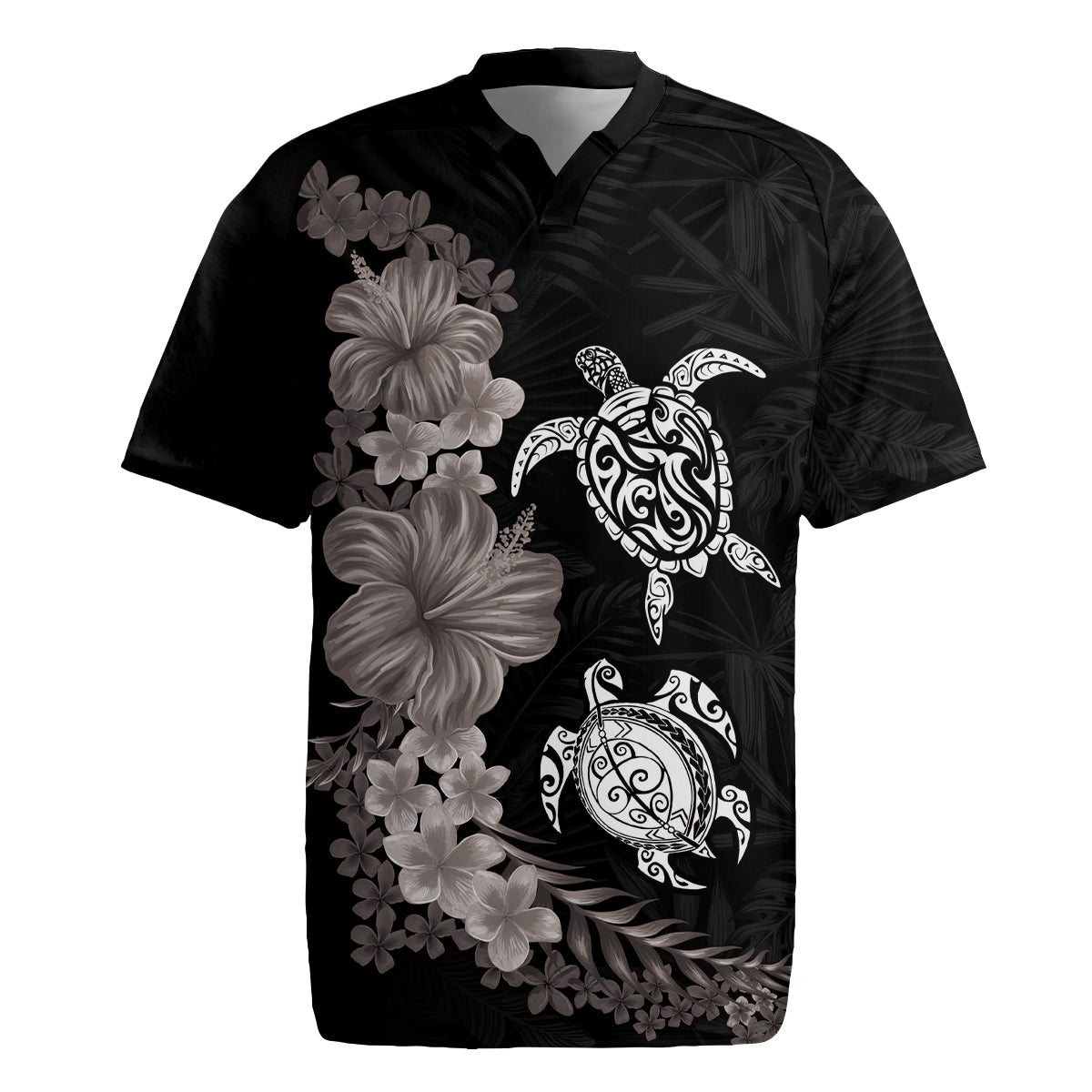 Hawaiian Flower and Tribal Turtle Rugby Jersey Grayscale Mode