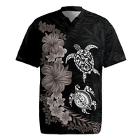 Hawaiian Flower and Tribal Turtle Rugby Jersey Grayscale Mode