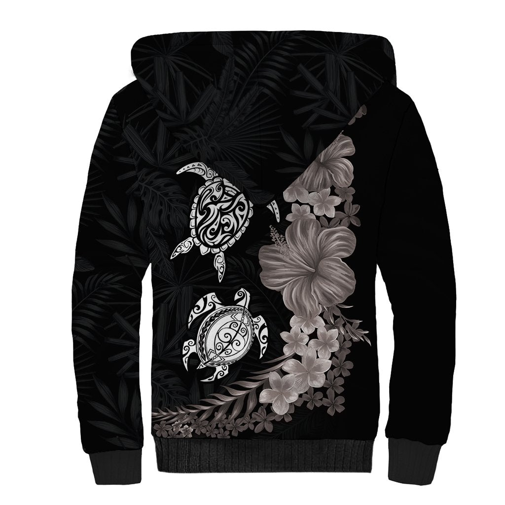Hawaiian Flower and Tribal Turtle Sherpa Hoodie Grayscale Mode LT03 - Polynesian Pride