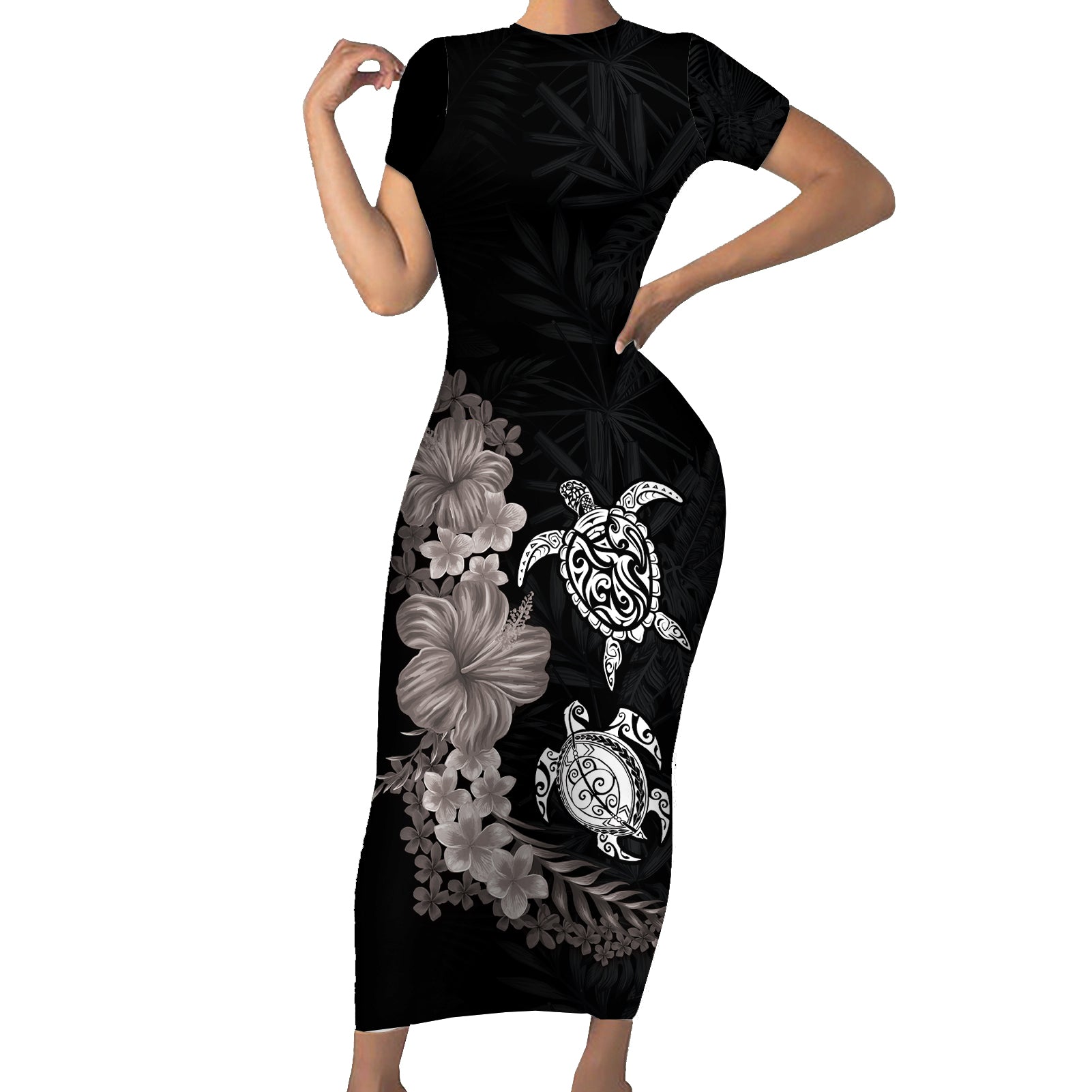Hawaiian Flower and Tribal Turtle Short Sleeve Bodycon Dress Grayscale Mode