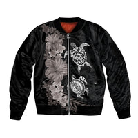 Hawaiian Flower and Tribal Turtle Sleeve Zip Bomber Jacket Grayscale Mode LT03 Unisex Black - Polynesian Pride
