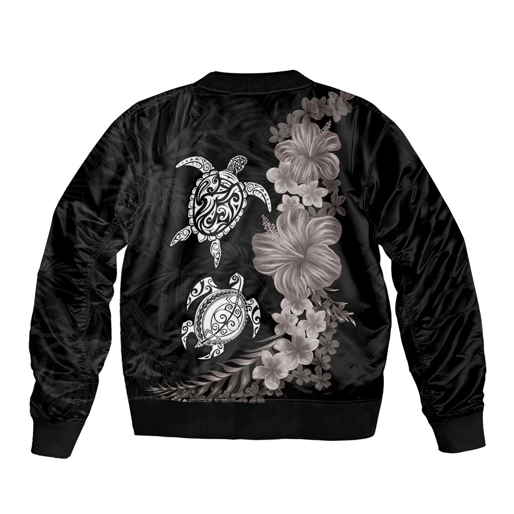 Hawaiian Flower and Tribal Turtle Sleeve Zip Bomber Jacket Grayscale Mode LT03 - Polynesian Pride