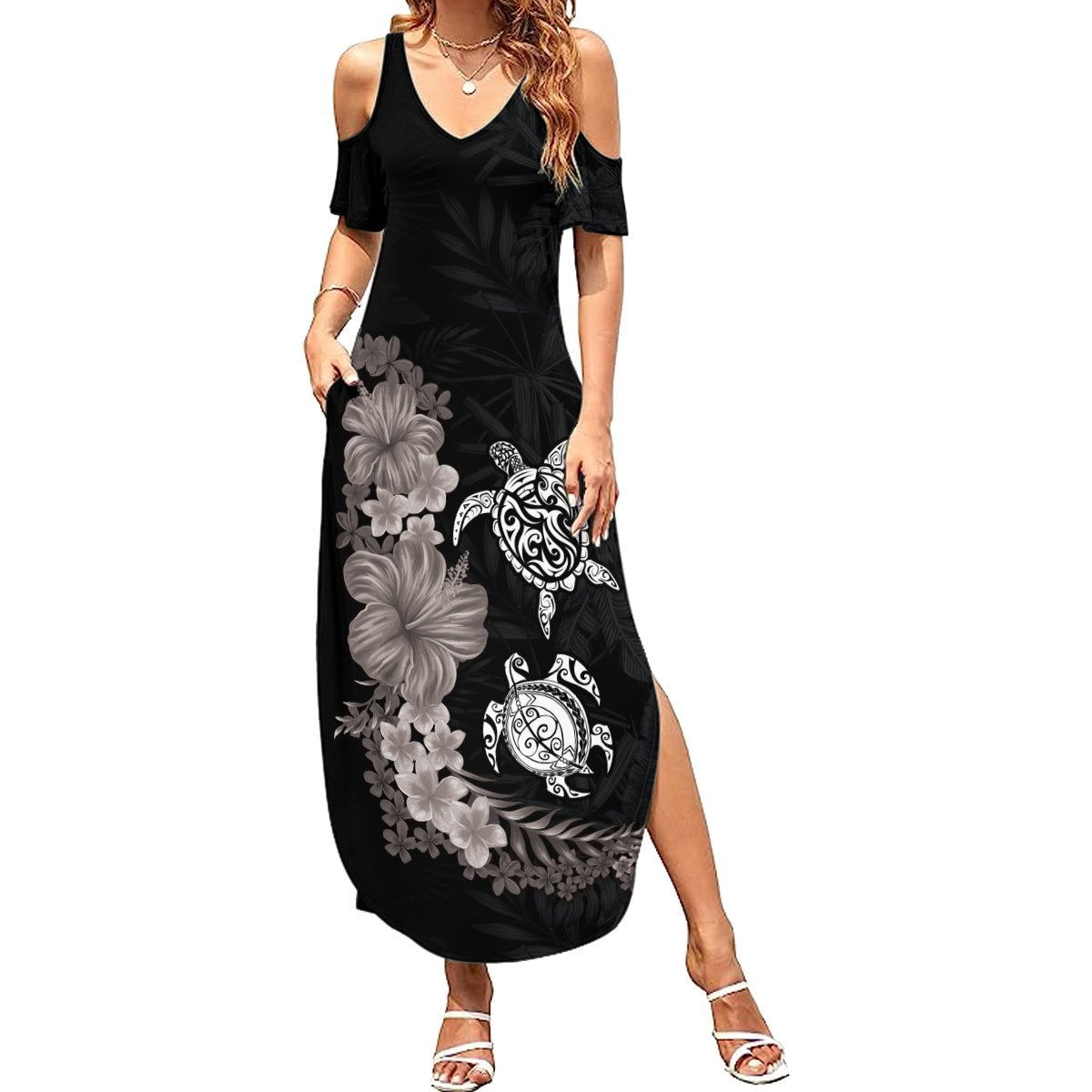 Hawaiian Flower and Tribal Turtle Summer Maxi Dress Grayscale Mode LT03 Women Black - Polynesian Pride