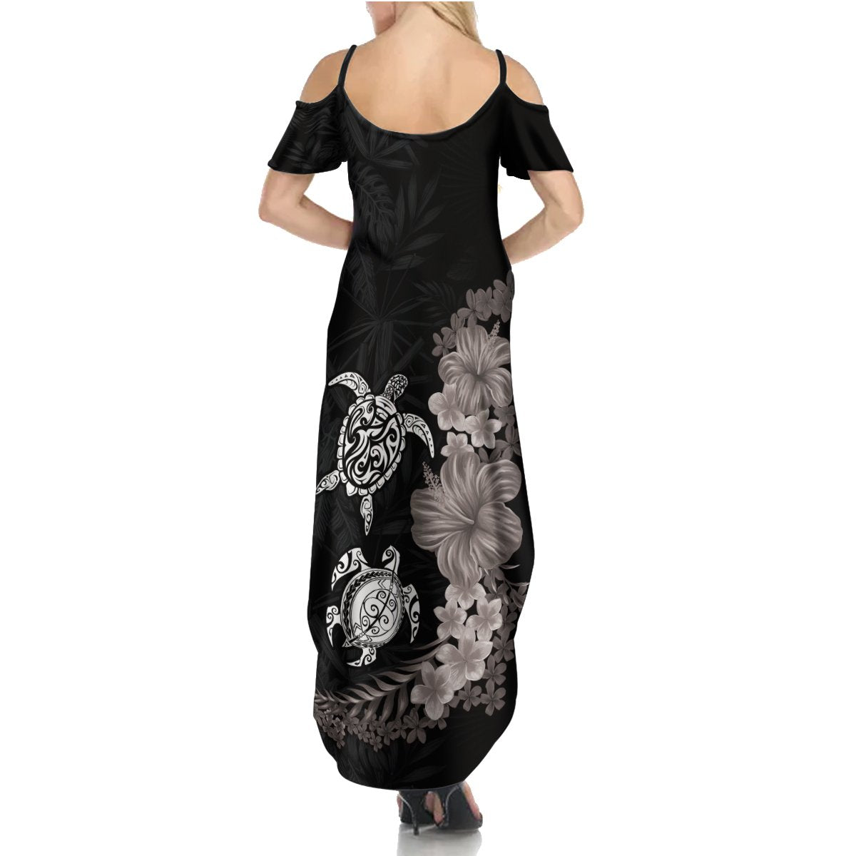Hawaiian Flower and Tribal Turtle Summer Maxi Dress Grayscale Mode LT03 - Polynesian Pride