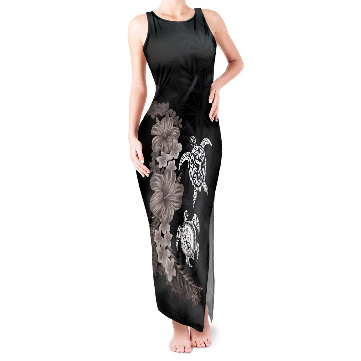 Hawaiian Flower and Tribal Turtle Tank Maxi Dress Grayscale Mode LT03 Women Black - Polynesian Pride