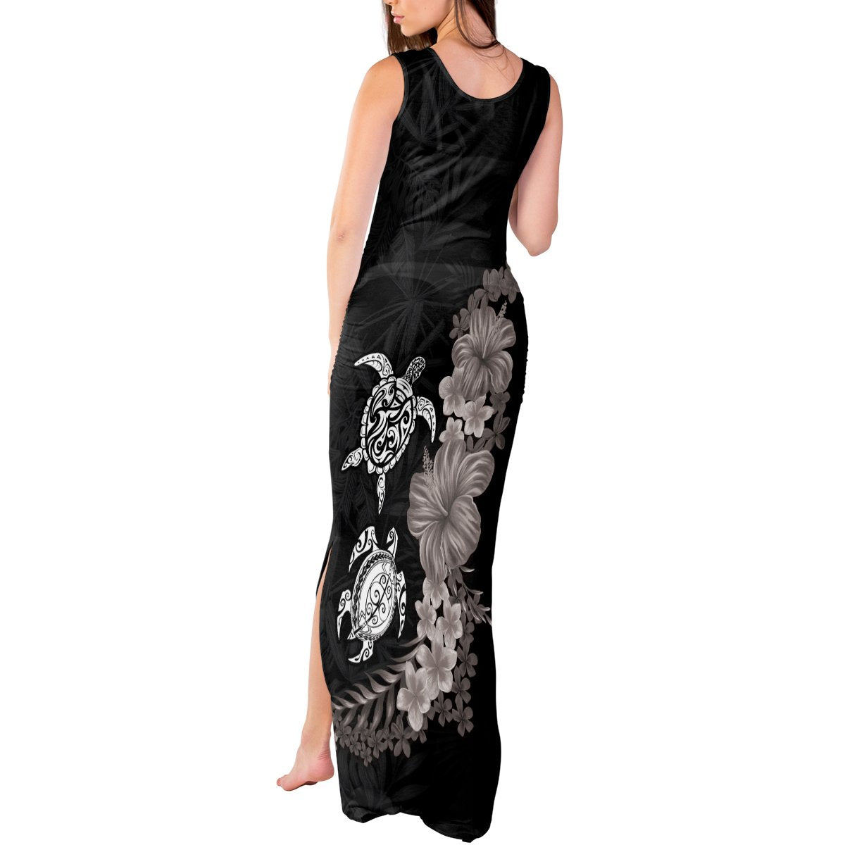 Hawaiian Flower and Tribal Turtle Tank Maxi Dress Grayscale Mode LT03 - Polynesian Pride