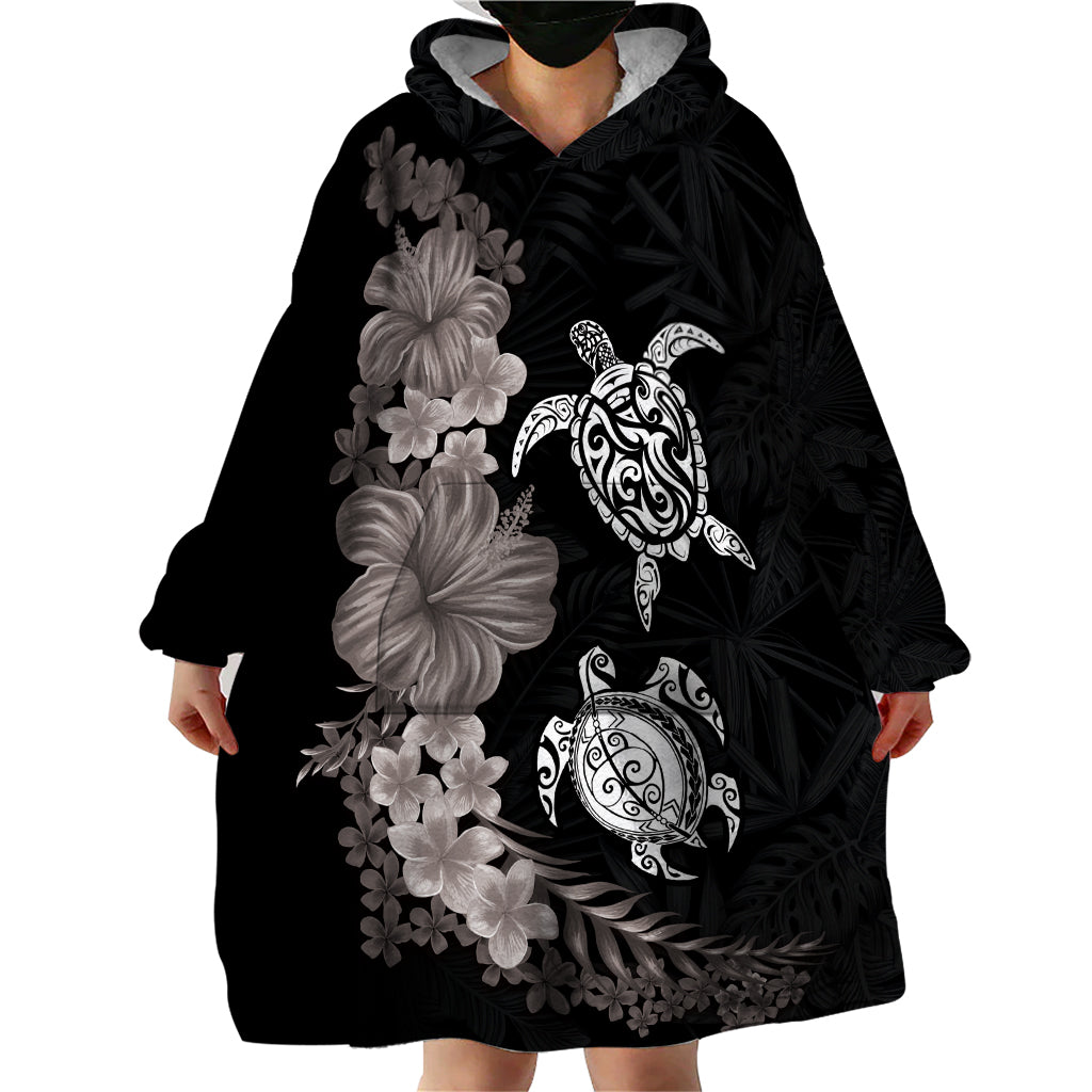 Hawaiian Flower and Tribal Turtle Wearable Blanket Hoodie Grayscale Mode LT03 - Polynesian Pride