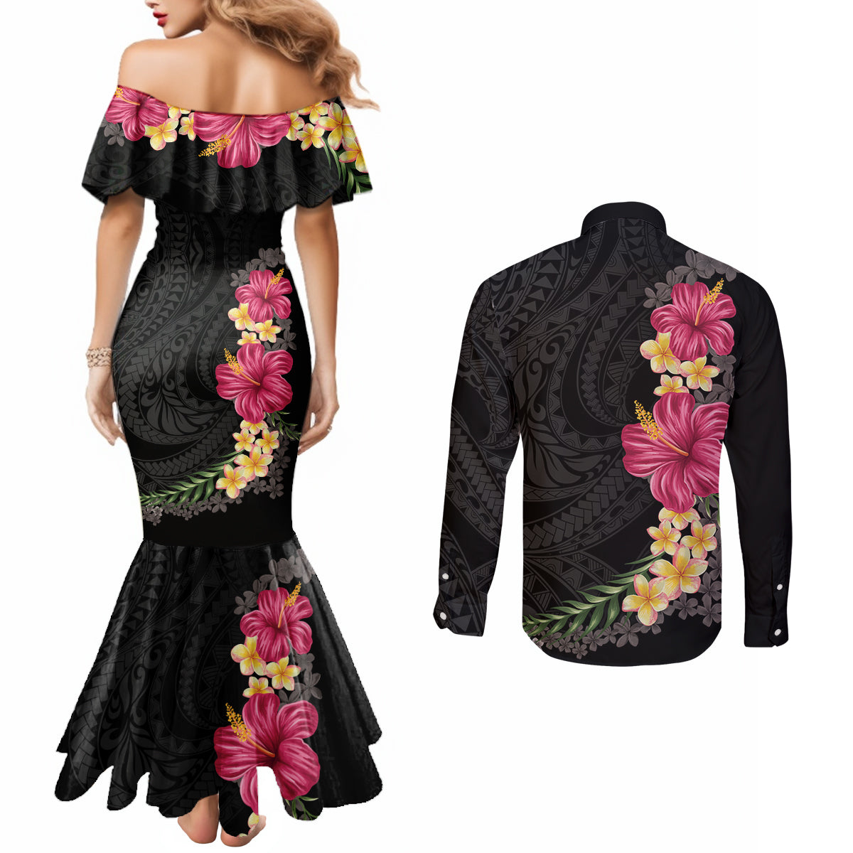Hawaiian Plumeria and Hibiscus Couples Matching Mermaid Dress and Long Sleeve Button Shirt Colorful Style