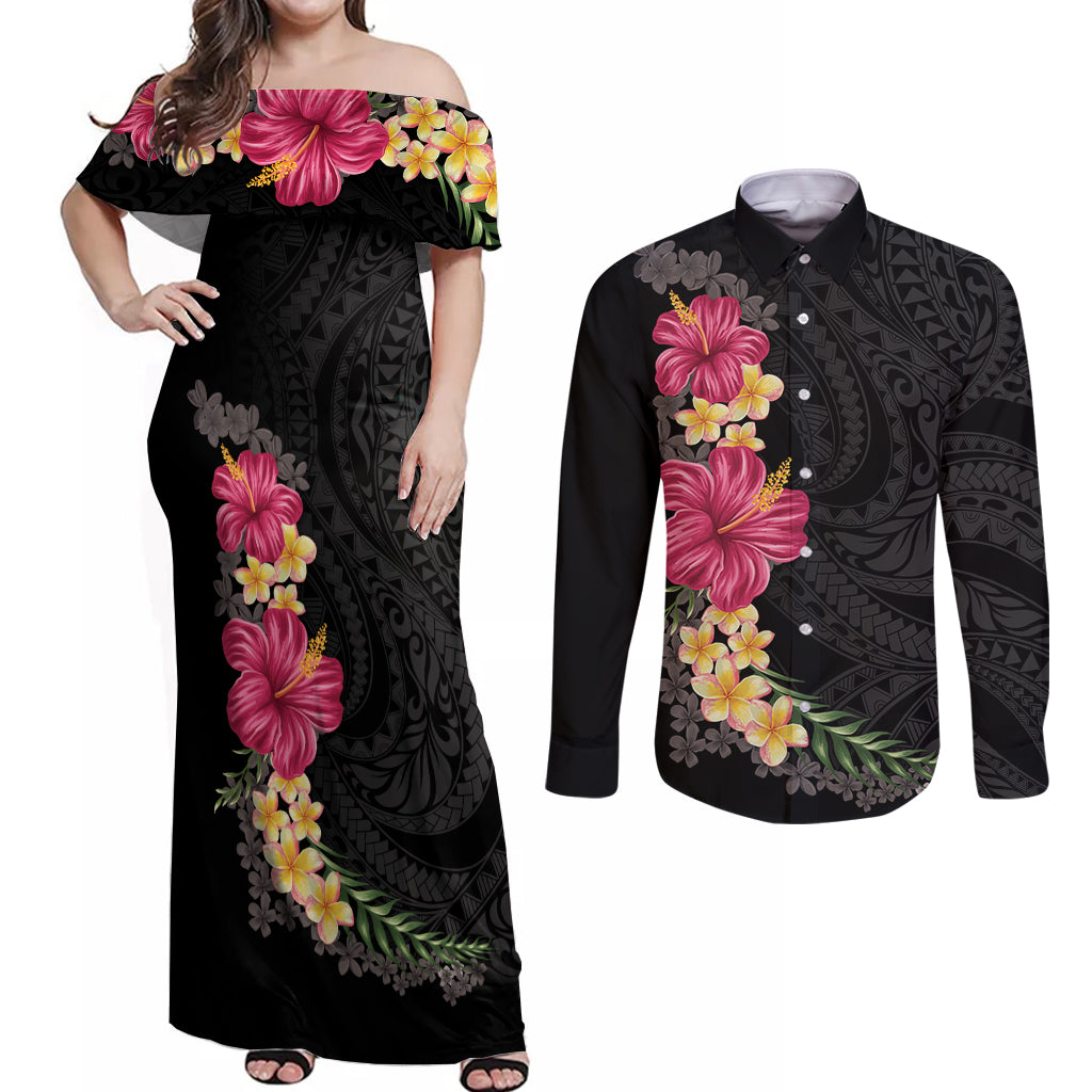 Hawaiian Plumeria and Hibiscus Couples Matching Off Shoulder Maxi Dress and Long Sleeve Button Shirt Colorful Style