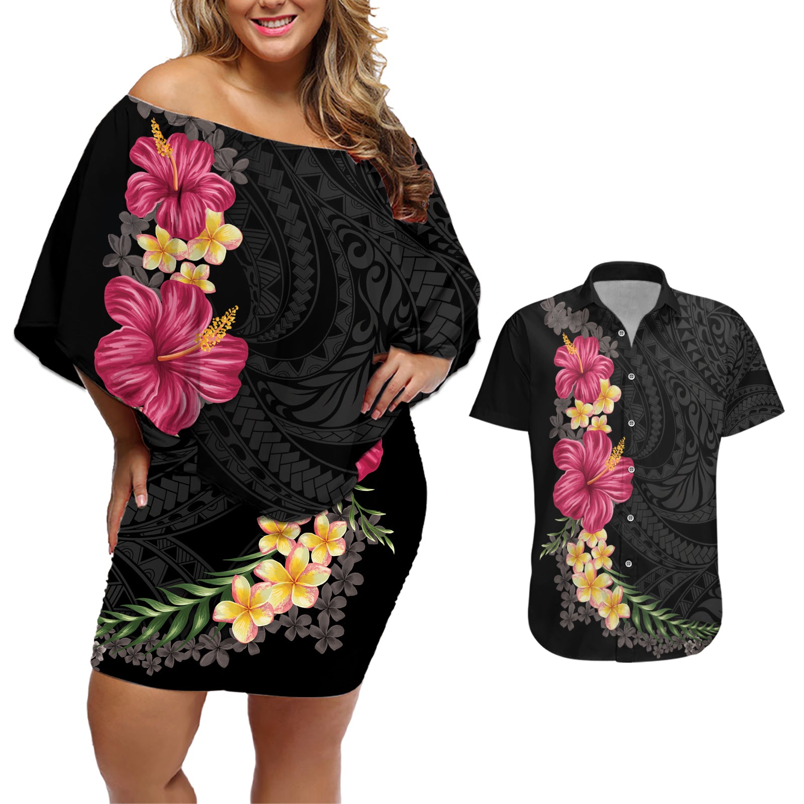 Hawaiian Plumeria and Hibiscus Couples Matching Off Shoulder Short Dress and Hawaiian Shirt Colorful Style