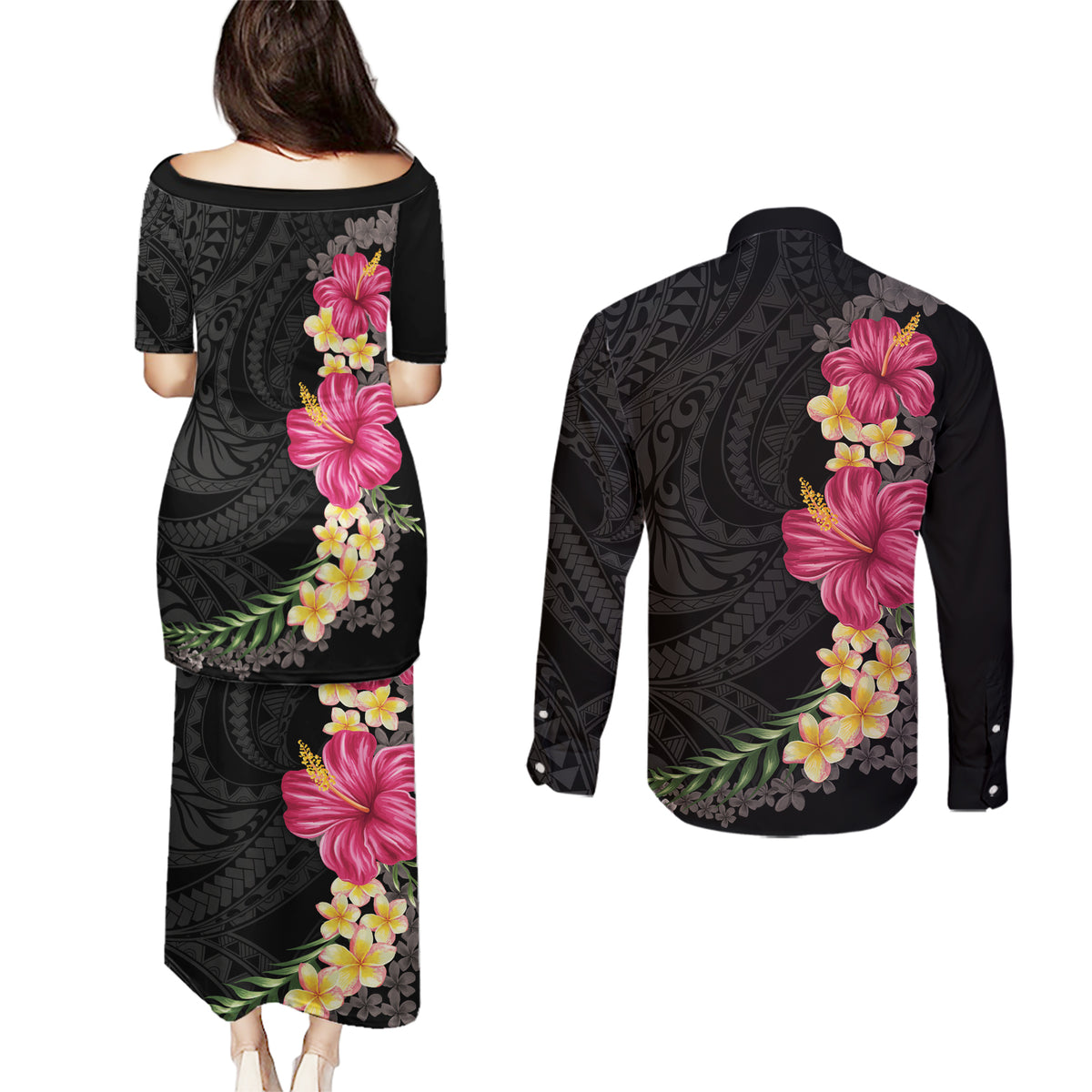 Hawaiian Plumeria and Hibiscus Couples Matching Puletasi and Long Sleeve Button Shirt Colorful Style