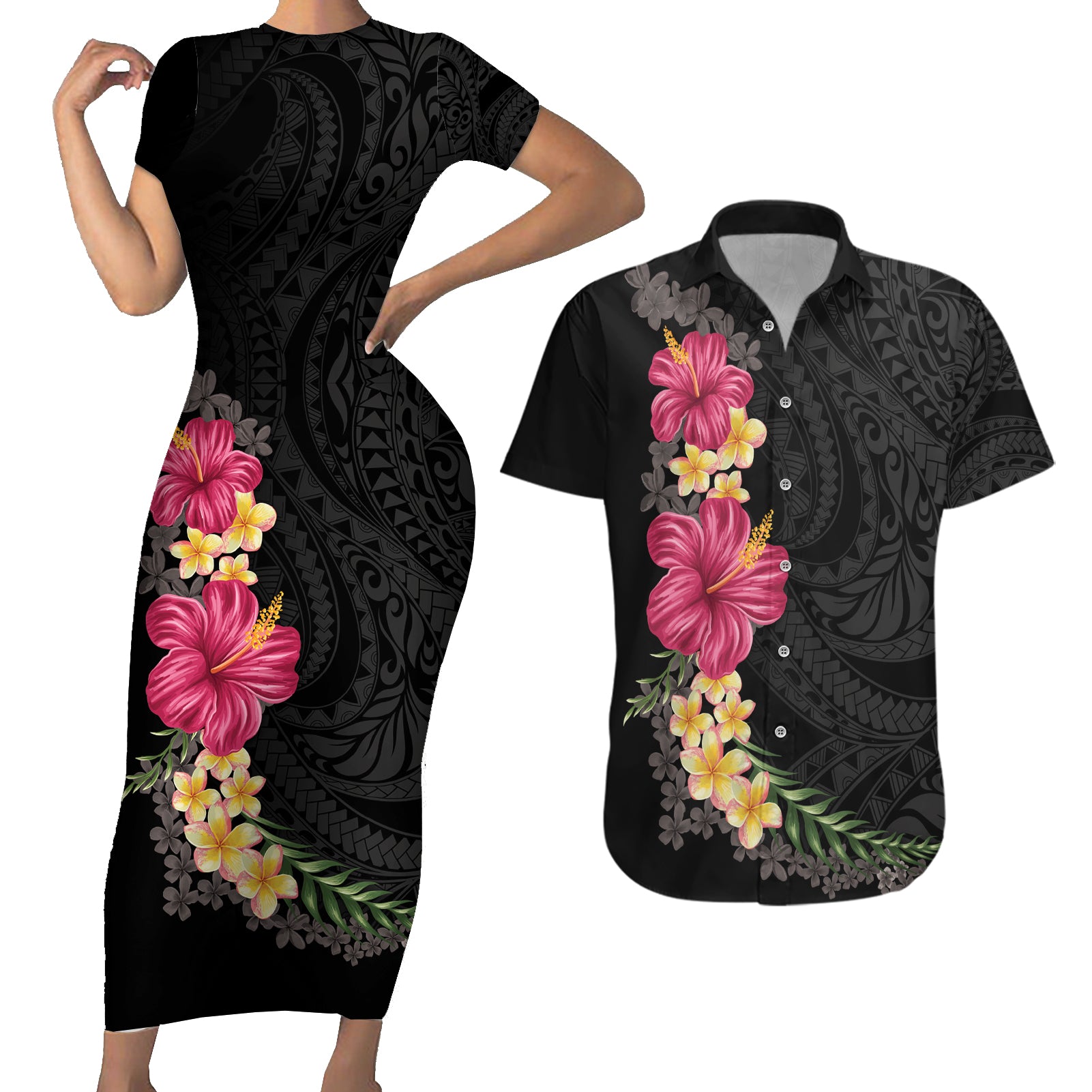 Hawaiian Plumeria and Hibiscus Couples Matching Short Sleeve Bodycon Dress and Hawaiian Shirt Colorful Style