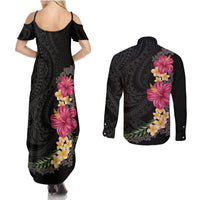 Hawaiian Plumeria and Hibiscus Couples Matching Summer Maxi Dress and Long Sleeve Button Shirt Colorful Style