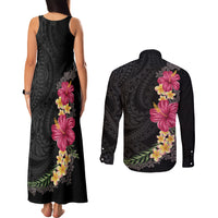Hawaiian Plumeria and Hibiscus Couples Matching Tank Maxi Dress and Long Sleeve Button Shirt Colorful Style
