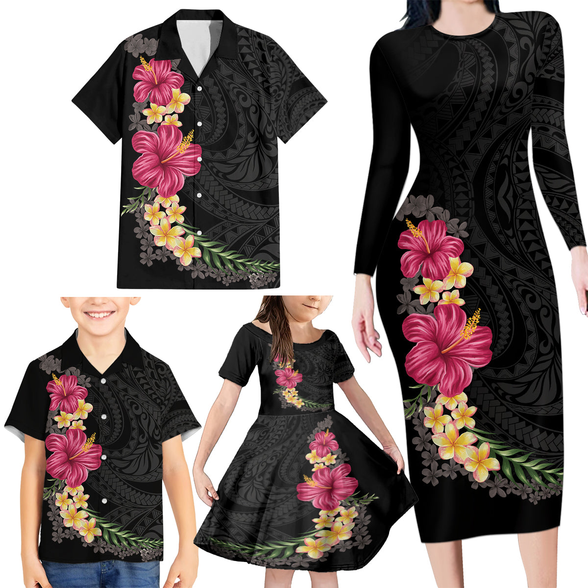 Hawaiian Plumeria and Hibiscus Family Matching Long Sleeve Bodycon Dress and Hawaiian Shirt Colorful Style