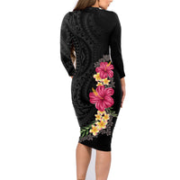 Hawaiian Plumeria and Hibiscus Family Matching Long Sleeve Bodycon Dress and Hawaiian Shirt Colorful Style