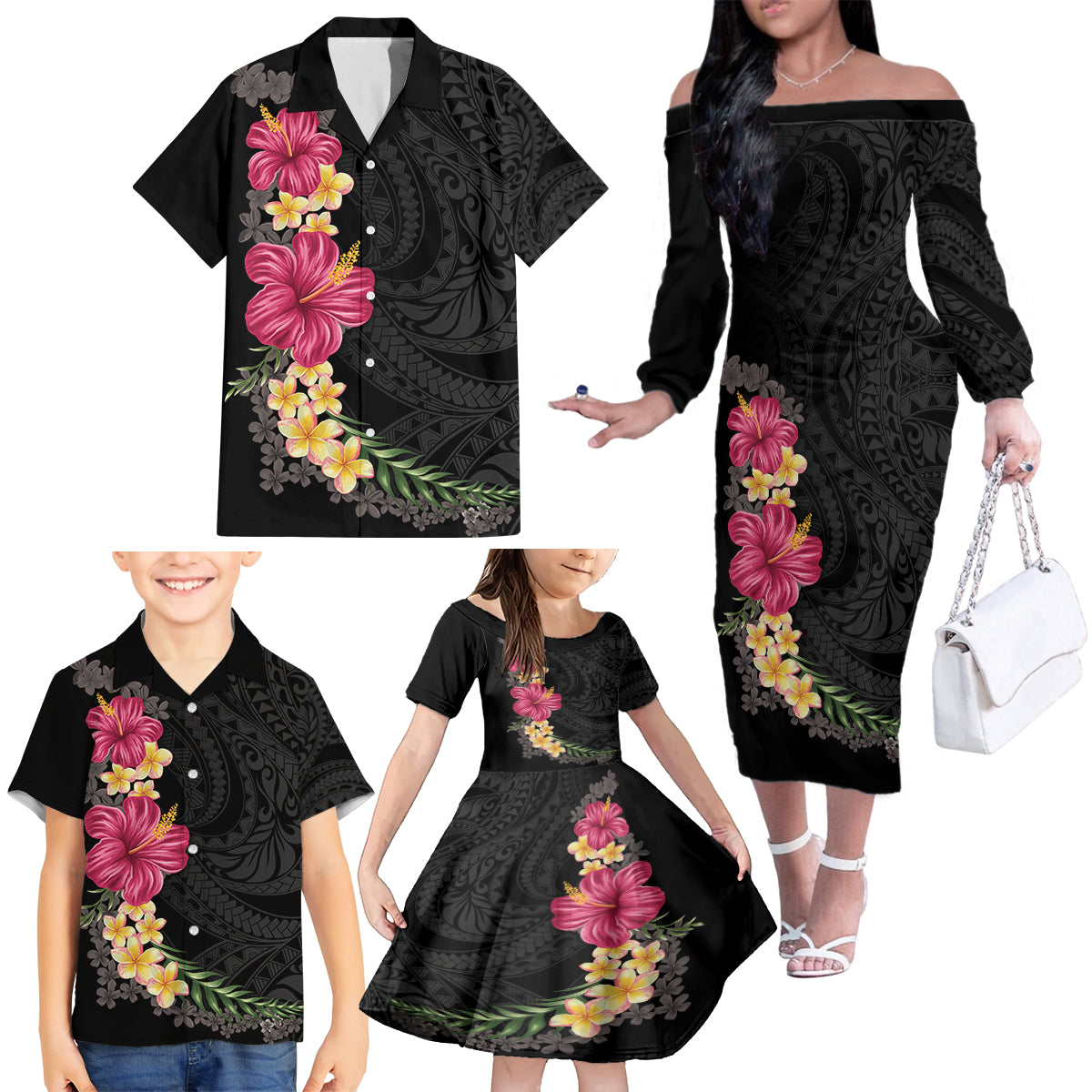 Hawaiian Plumeria and Hibiscus Family Matching Off The Shoulder Long Sleeve Dress and Hawaiian Shirt Colorful Style