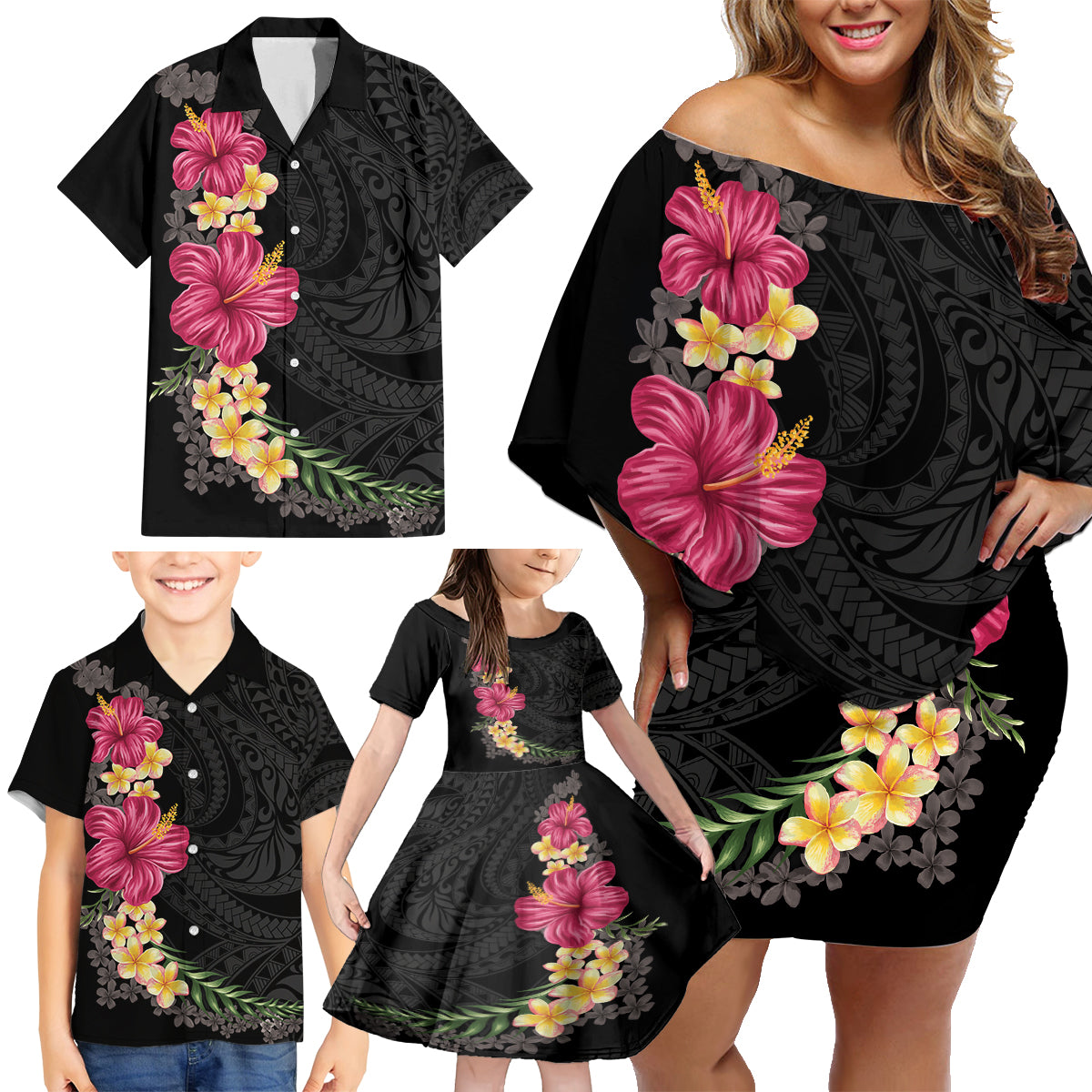 Hawaiian Plumeria and Hibiscus Family Matching Off Shoulder Short Dress and Hawaiian Shirt Colorful Style